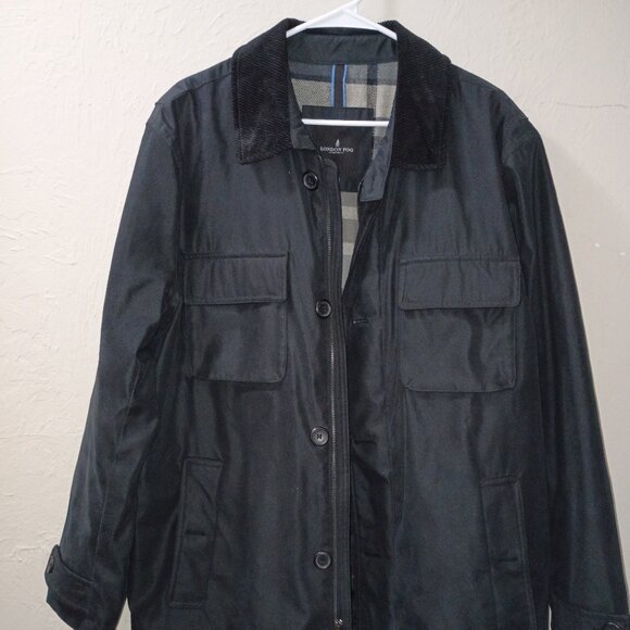 London Fog Black Field Jacket with Corduroy Collar & Plaid Lining - Picture 1 of 5